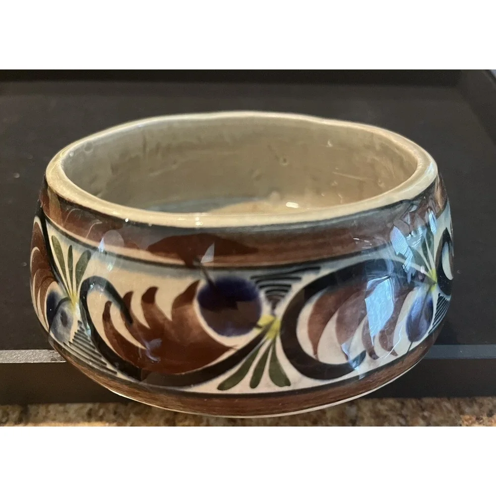 Cat/Small Dog Bowl Tonala Jalisco Mexico Floral Design Signed Handmade Pottery